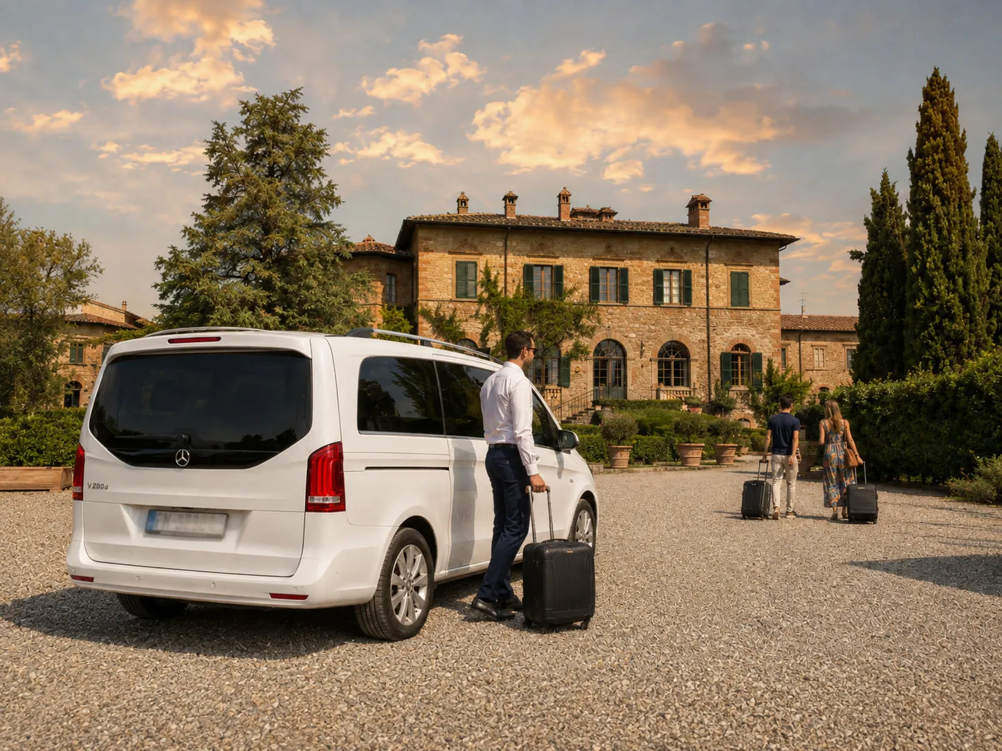 A white Mercedes van on the gravel drive of a stone villa, a driver standing at the open door with a suitcase while two guests walk to the house with their luggage