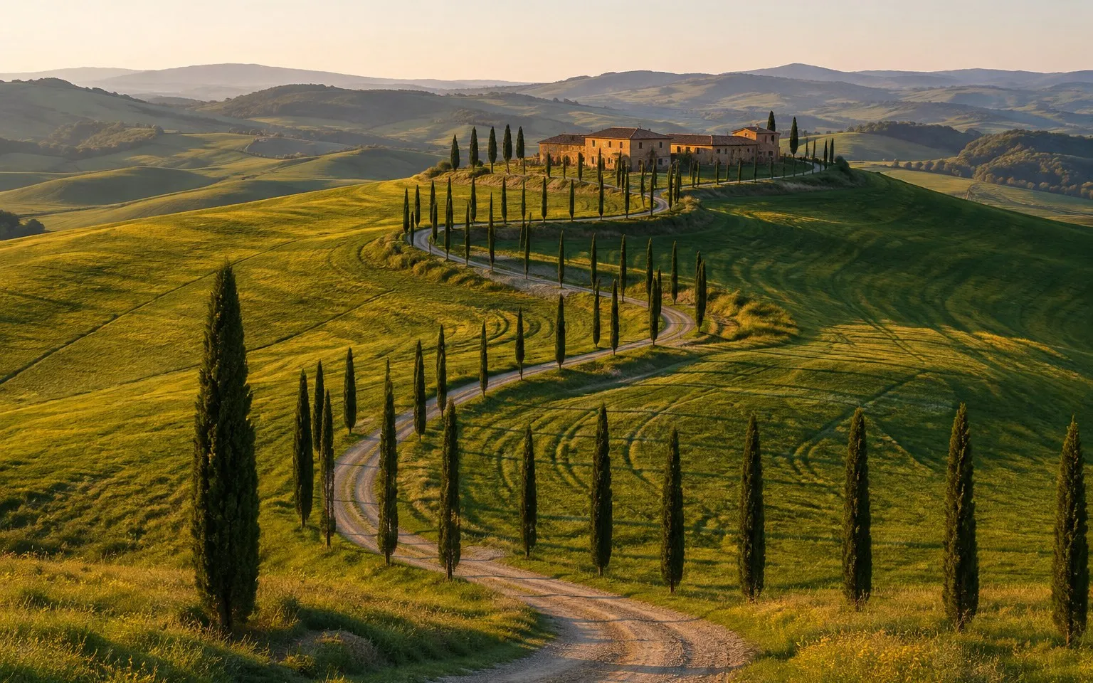 Isolated farmhouse in the Crete Senesi with a curling driveway of cypress trees across green spring hills, golden afternoon light, wide landscape