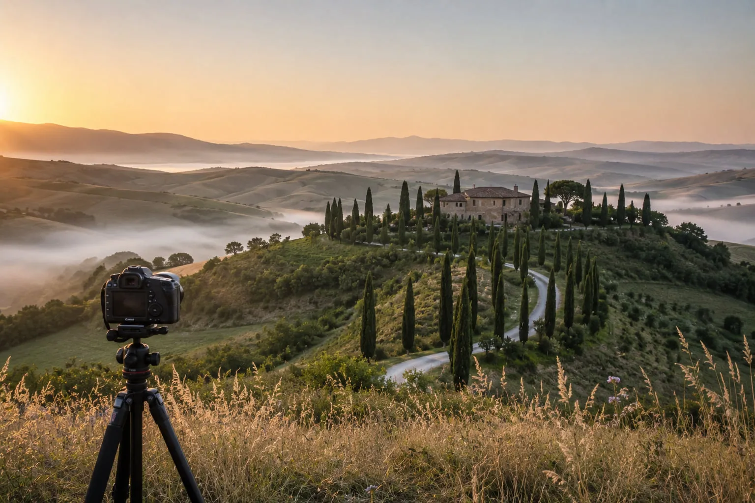 A camera on a tripod overlooking a Tuscan valley at sunrise, mist lying in the folds below a farmhouse with a cypress-lined drive