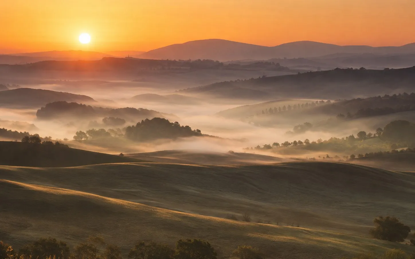 Layered clay ridgelines of the Crete Senesi emerging from low sunrise mist with long shadows, wide landscape
