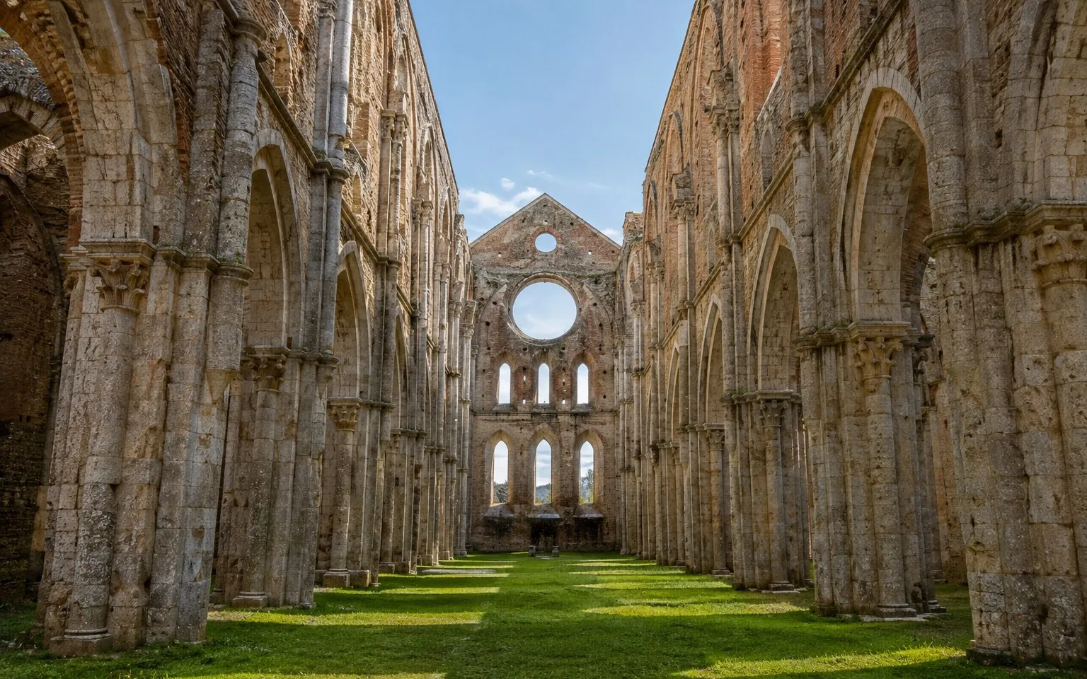 Roofless Gothic abbey of San Galgano with open sky above stone arches and a grass floor, soft daylight, wide landscape