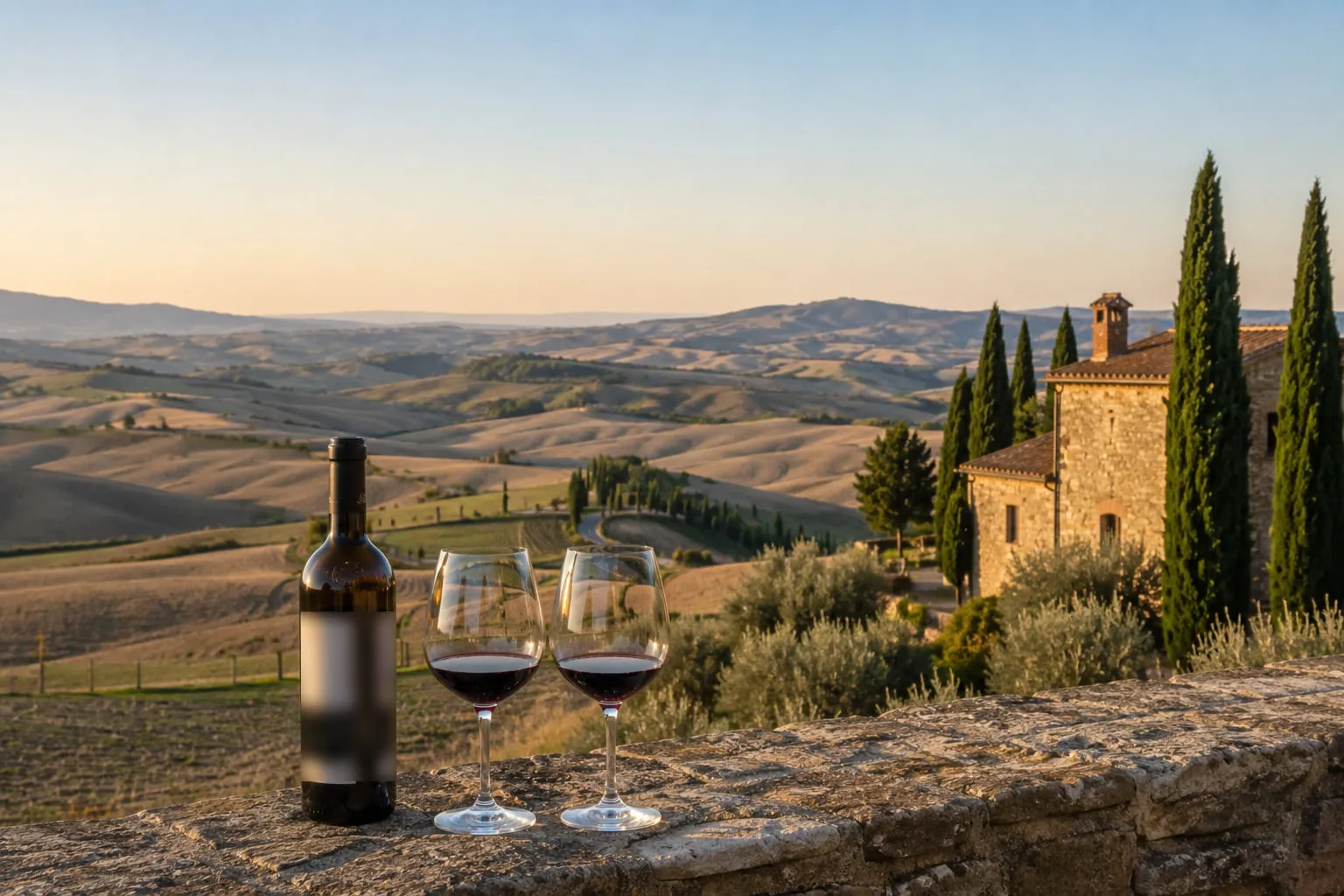 A bottle of red wine and two poured glasses on a stone wall above the Val d'Orcia, with a cypress-lined road winding through the hills and a stone farmhouse in warm low light
