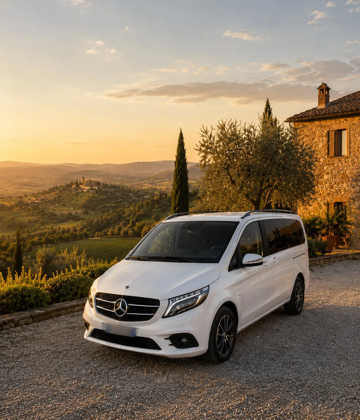 The white nine-seat Mercedes van parked on the gravel beside a Tuscan stone house, olive tree and cypress behind it, the hills gold in the last of the light